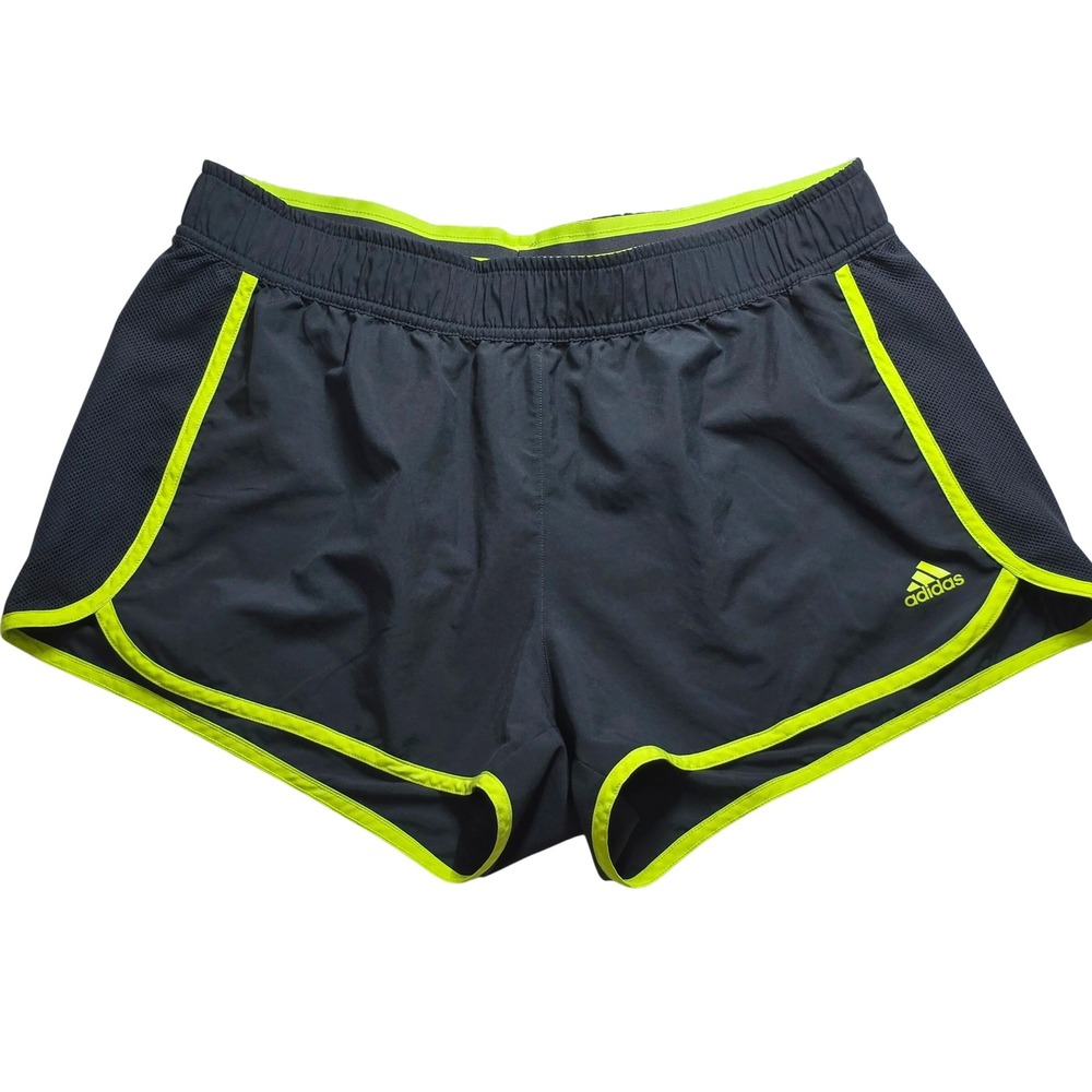 Adidas Womens Size L Nylon Running Shorts Black Neon Yellow Trim Mesh Panels